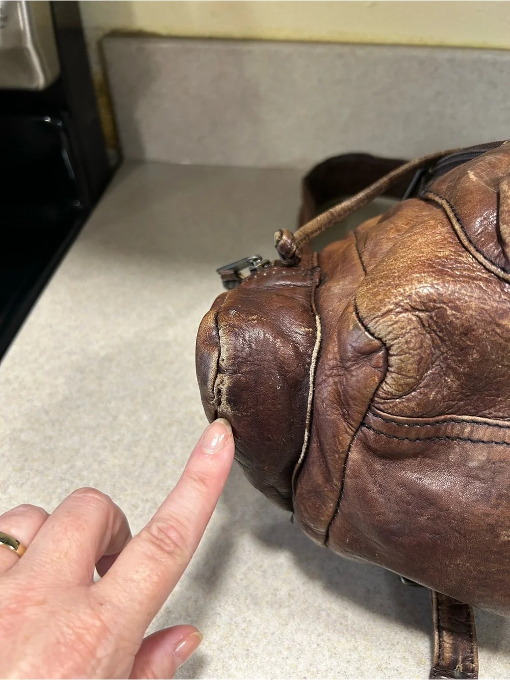Vintage Brown Worn Weathered Distressed Leather Knapsack Backpack Size Medium